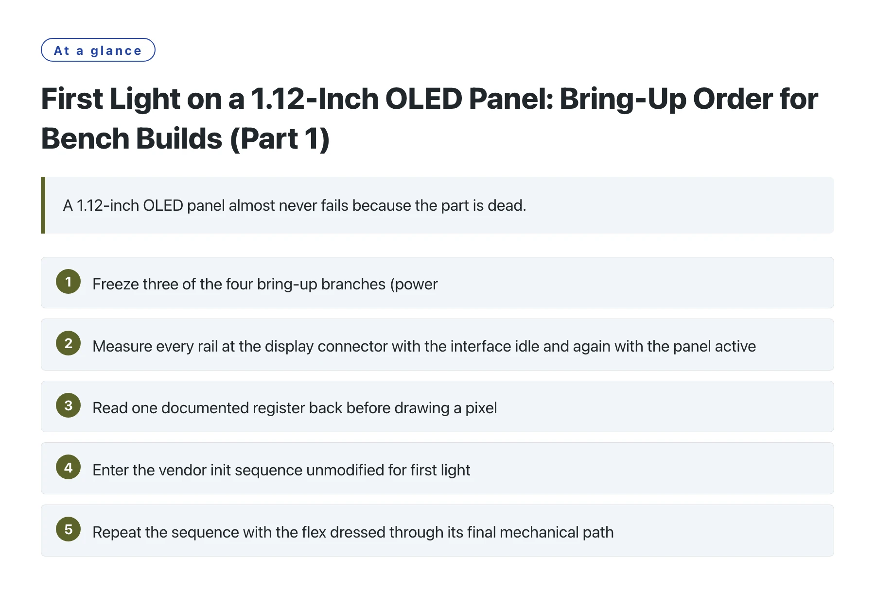 First Light on a 1.12-Inch OLED Panel: Bring-Up Order for Bench Builds (Part 1)——全文要点速览